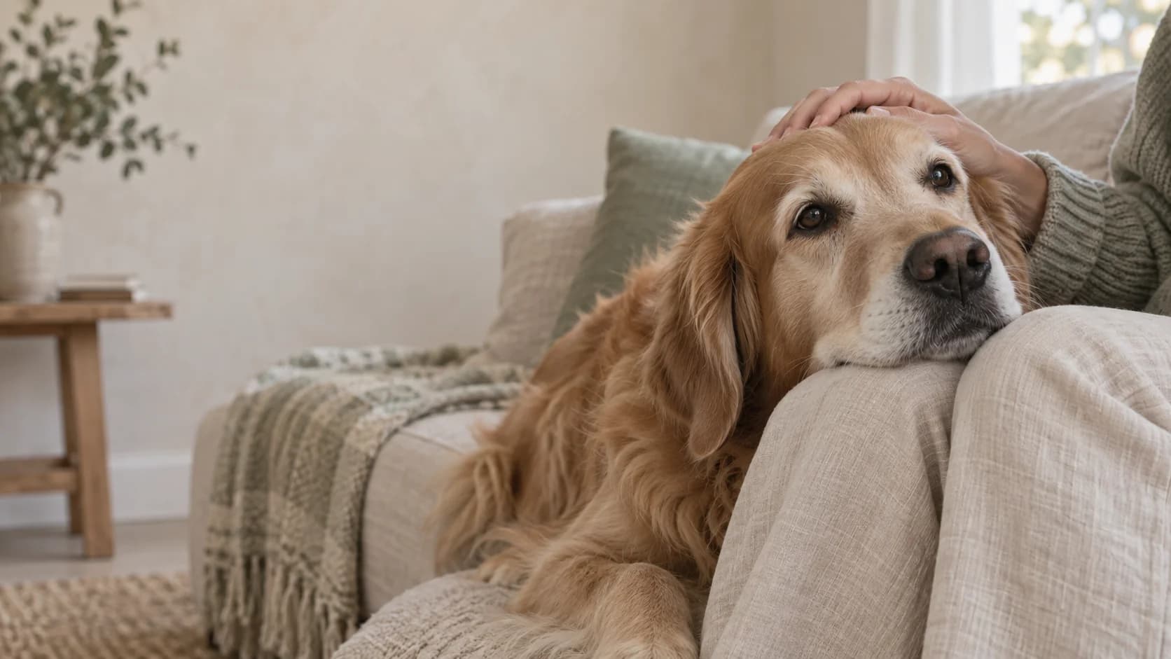 A golden retriever resting beside a person on a linen couch
